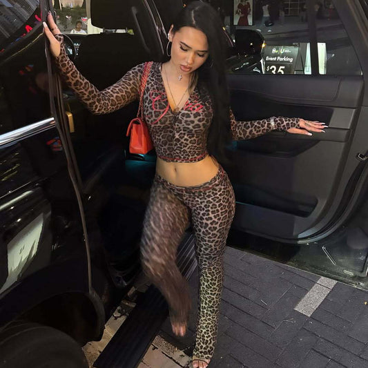 Fashionable Printed Casual Leopard-Print Zippered Long-Sleeve Jacket And Pants Set