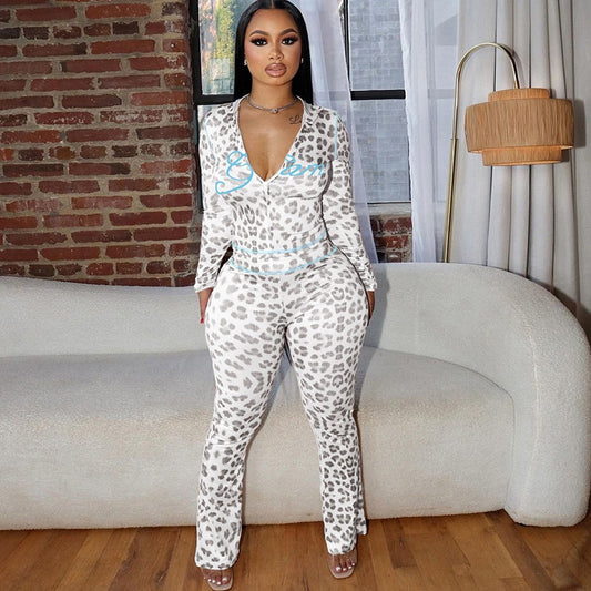 Leopard Print High Waist Tight Trousers Suit